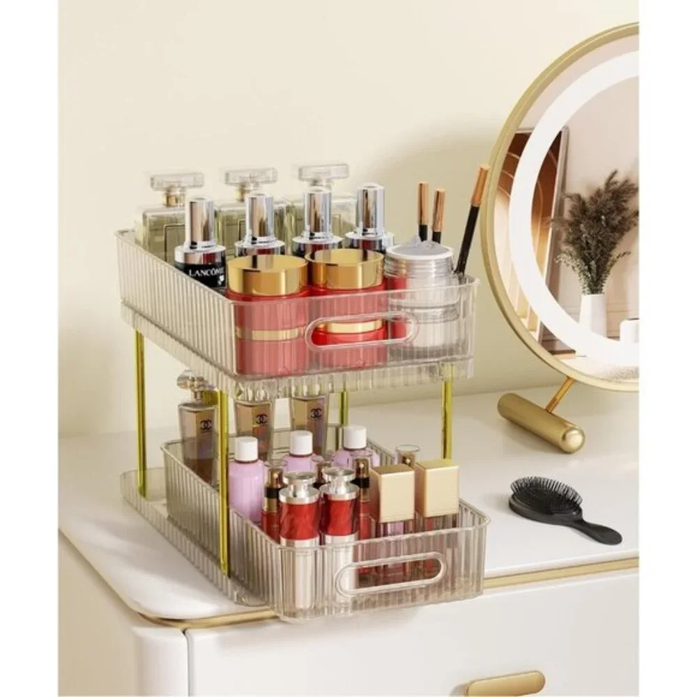New 2-Tier Champagne Gold Makeup Organizer with Dividers for Vanity & Room